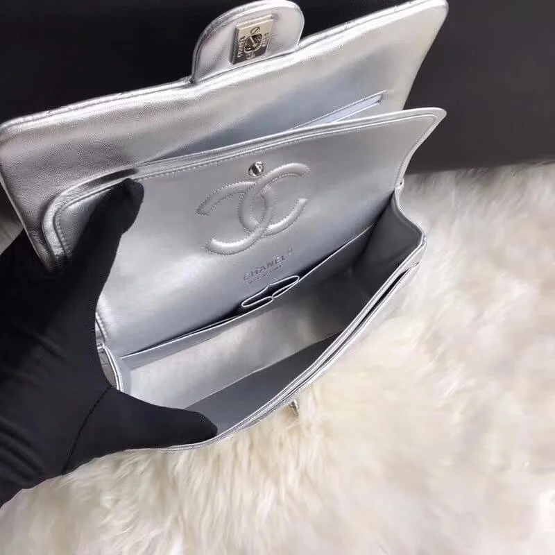 Chanel 1112 Silver Medium Size 2.55 Lambskin Leather Flap Bag