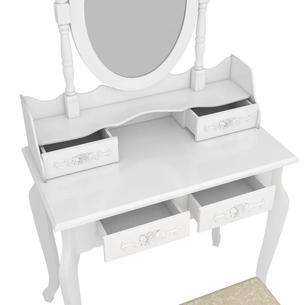 SamyoHome Vanity Table Set, Makeup Dressing Table with Mirror, Vanity Desk with Cushioned Stool 4 Drawers, White