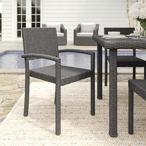 Martha Stewart Bedford Indoor-Outdoor Stackable Patio Armchairs with Rattan Wicker Finish in Brown, Set of 2