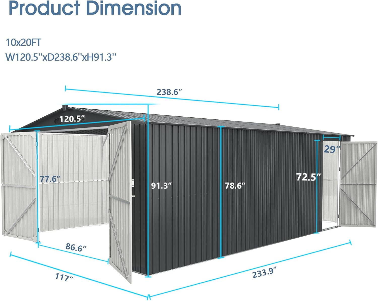 Chery Industrial Heavy-Duty Metal Garage Shed 20'x10'