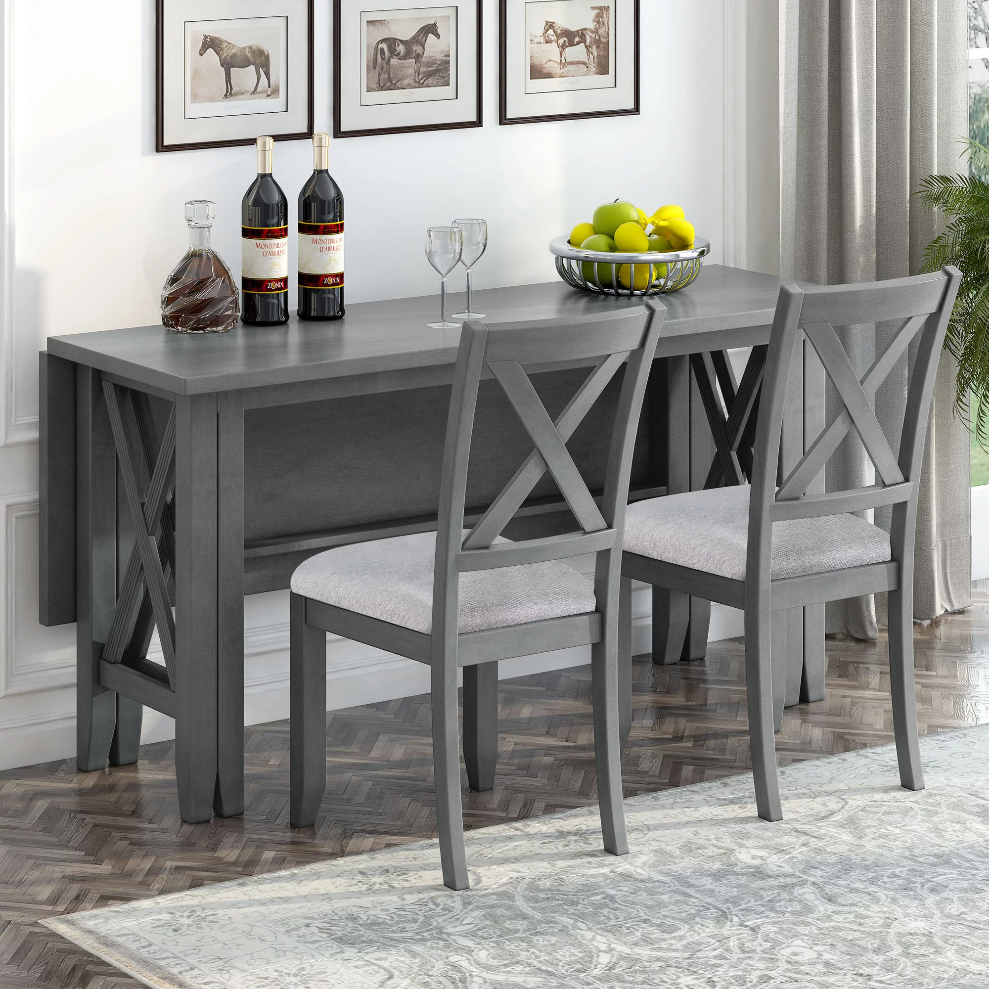 CoSoTower 6-Piece Family Dining Room Set Solid Wood Space Saving Foldable Table and 4 Chairs with Bench for Dining Room, Gray