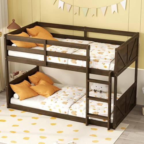 Bunk Bed Twin Over Twin, Wood Low Profile Floor Twin Bunk Beds with Ladder Guardrails for Kids Boys and Girls, No Box Spring Needed