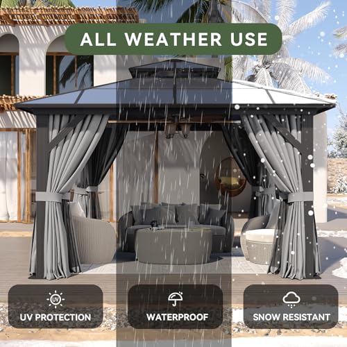 Aoxun 12'x10' Hardtop Gazebo, Aluminum Frame Permanent Pavilion with Curtains and Netting, Outdoor Polycarbonate Double Roof Canopy