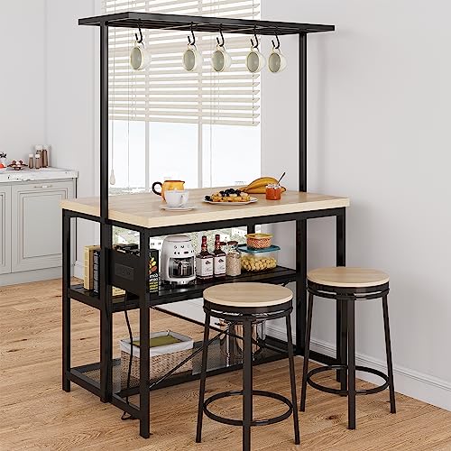 Kitchen Island with Storage, Bakers Rack with Power Outlet, Island Table for Kitchen,3 Tier Microwave Stand Oven Shelf,Large Coffee Bar Table
