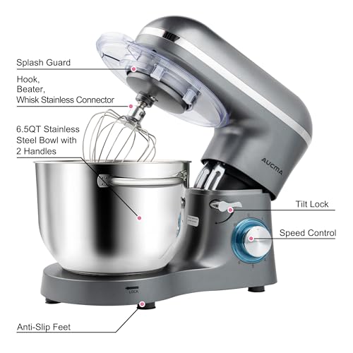 Aucma Stand Mixer,6.5-QT 660W 6-Speed Tilt-Head Food Mixer, Kitchen Electric Mixer with Dough Hook, Wire Whip & Beater (6.5QT, Black)