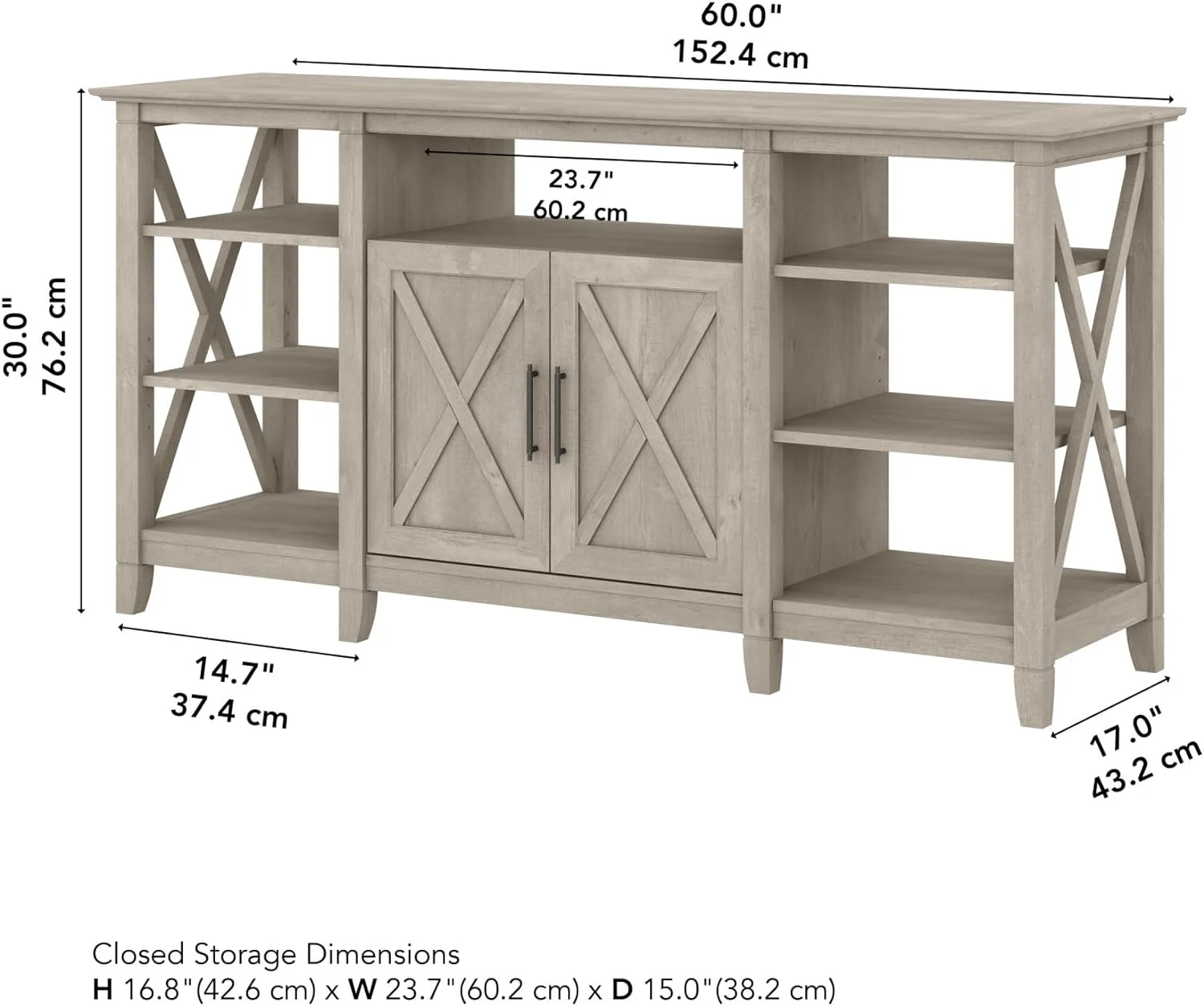 Key West Tall Stand for 65 Inch TV, Farmhouse Entertainment Center with Storage, Washed Gray