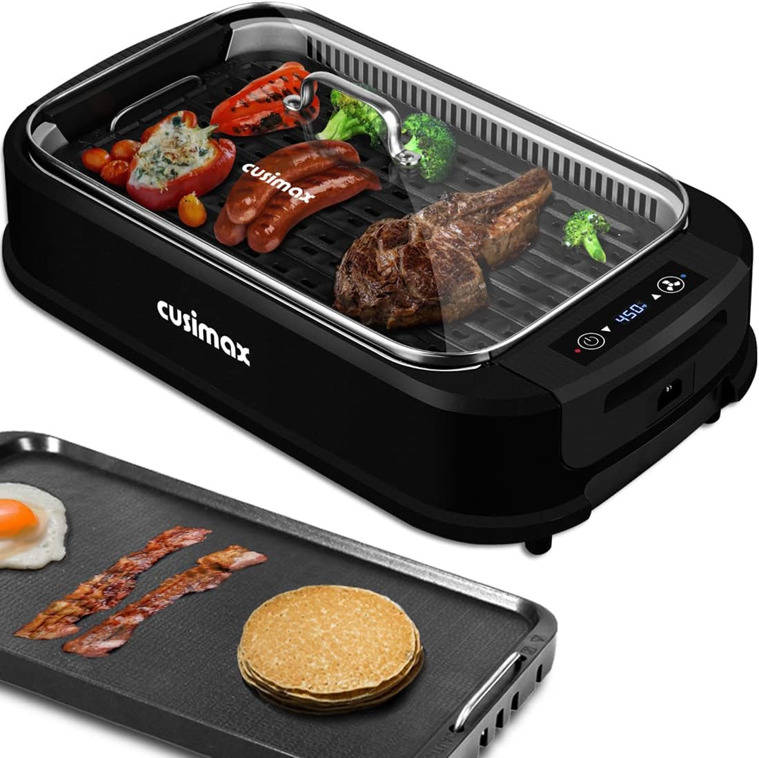 Smokeless Indoor Grill, CUSIMAX Electric Grill with Tempered Glass Lid, 1500 Indoor Grill & Flat Top Griddle for Cusimax Smokeless Grills
