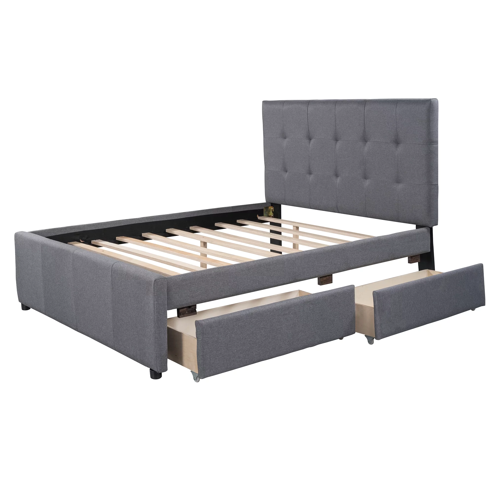 Euroco Upholstered Full Size Platform Bed with 2 Drawers for Kids Room, Solid Wood Daybed for Guests room, Gray