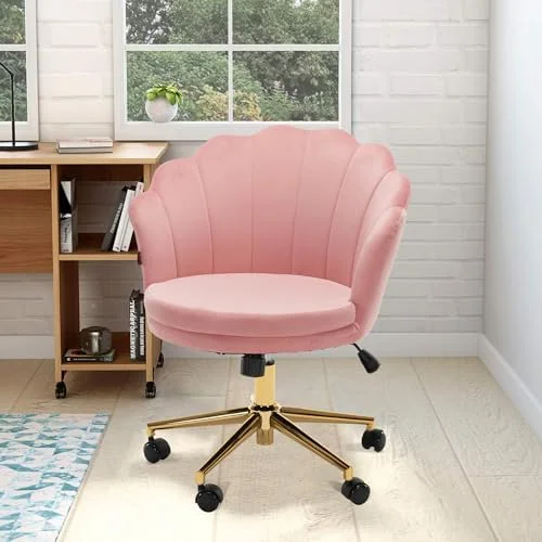 RUNFAYBIU Velvet Swivel Vanity Chair with High Backrest  Chair Upholstered Desk Chair with Wheels Adjustable Seashell Back Home Office Chair for