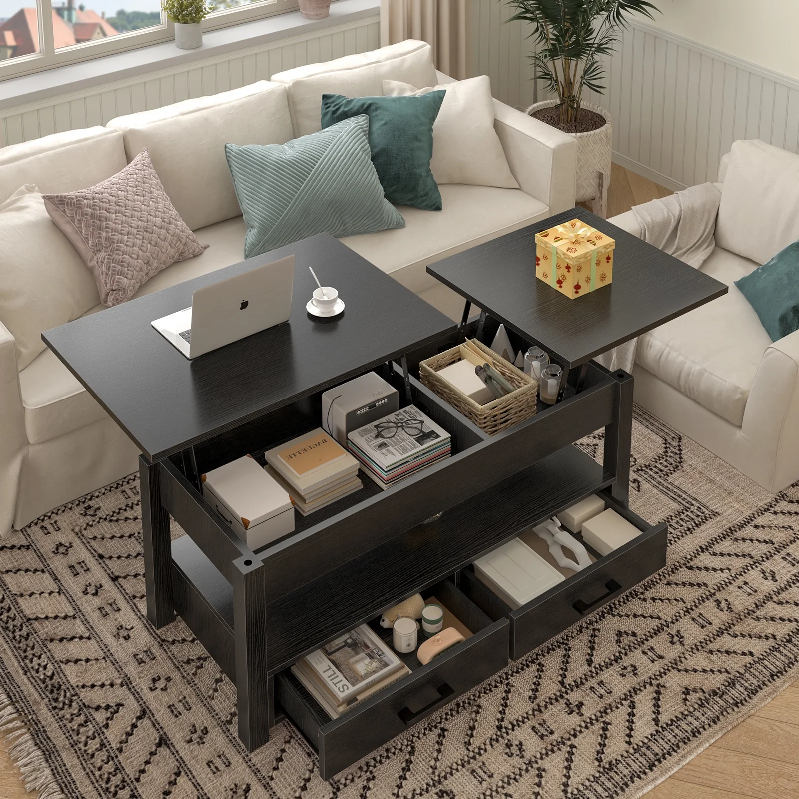 GUNAITO 47.2''Lift Top Coffee Table with Storage,2 Way Lift Coffee Table with 2 Drawers Modern Center Table for Living Room,Black