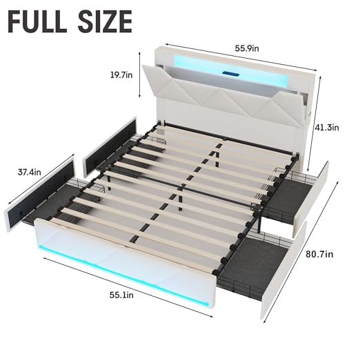 Vabches Queen Bed Frame with Storage Headboard and 4 Drawers,Upholstered Platform with Charging Station and Led Lights,Adjustable Headboard