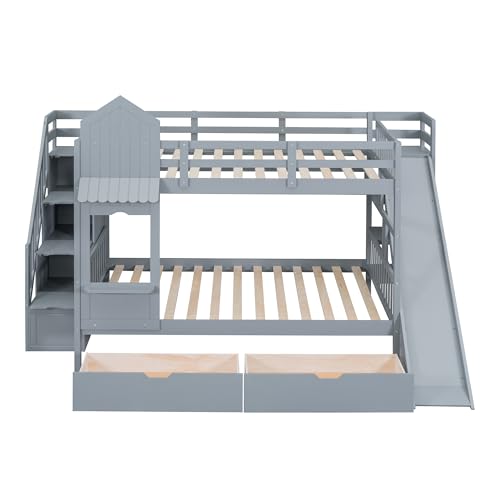 Harper & Bright Designs Twin Over Twin Bunk Bed with Stairs and Slide, Solid Wood Bunk Bed Frame with Storage Drawers and Bookshelf
