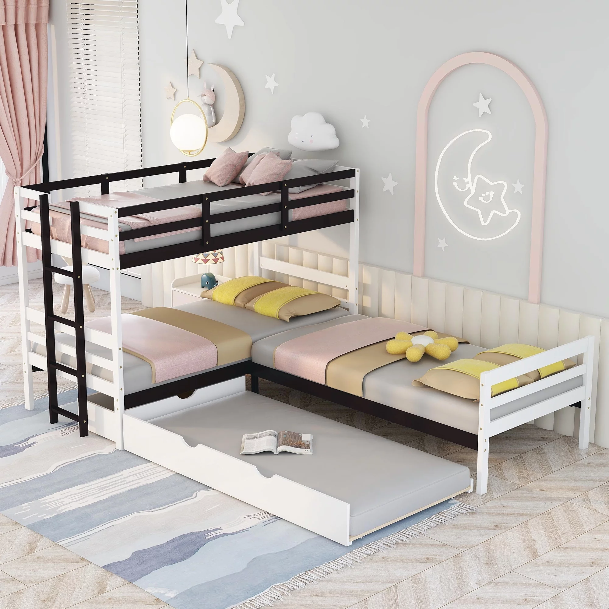 L-Shaped Twin Bunk Bed and Platform Bed with Trundle and Drawer, White - Curated Treasures Market