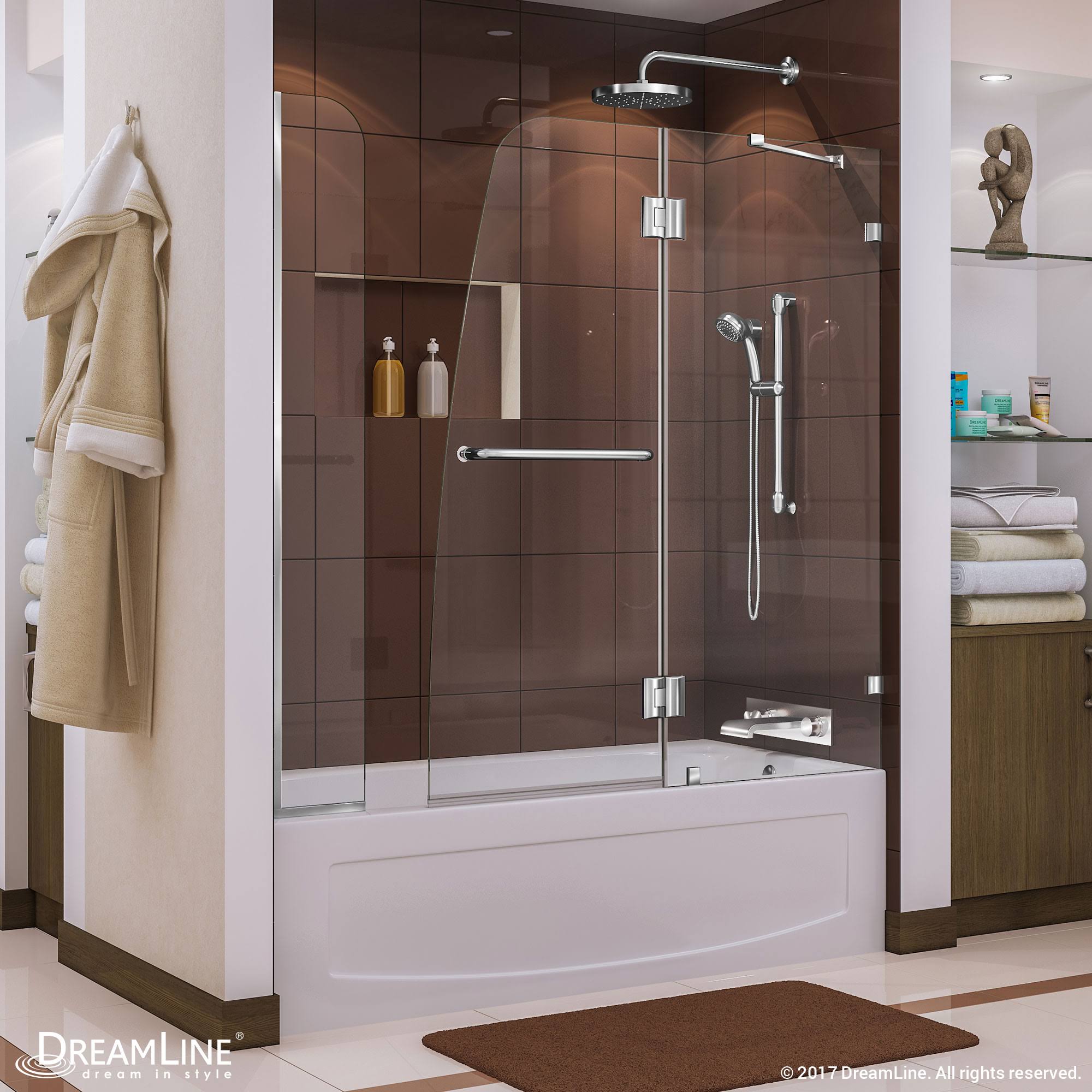 DreamLine Aqua Lux Frameless Hinged Tub Door with Return Panel, Brushed Nickel