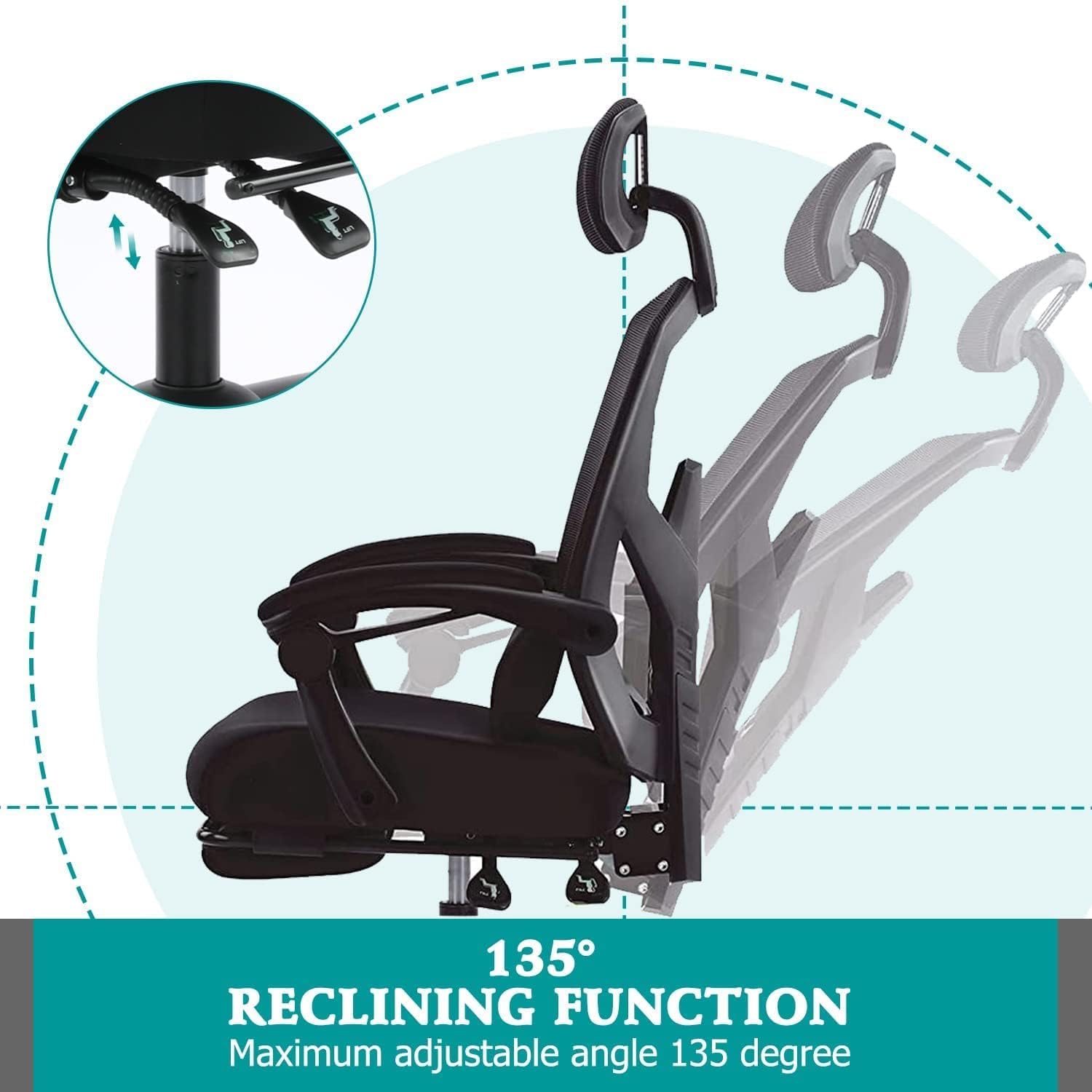 Ergonomic Office Chair, Reclining High Back Mesh Chair, Computer Desk Chair, Swivel Rolling Home Task Chair with Lumbar Support Pillow