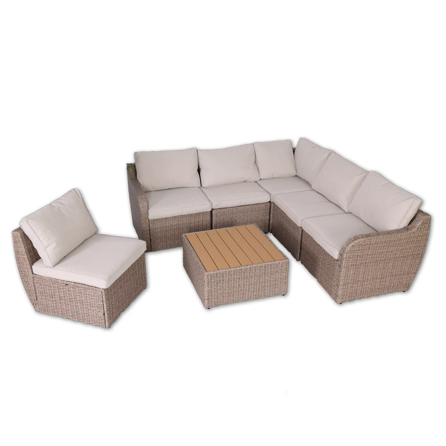 Homrest 7 Pcs Patio Furniture Set, Half-Round Rattan Outdoor Furniture with Cushion and Table, Khaki