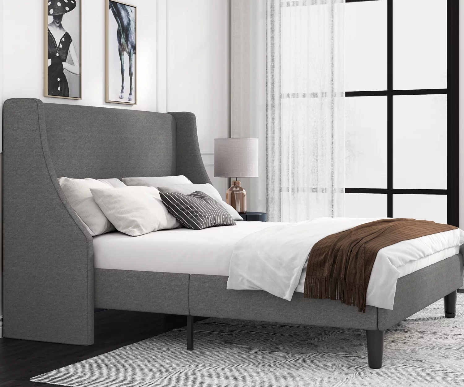 Allewie Full Size Fabric Upholstered Platform Bed Frame with Wingback Headboard, Light Grey