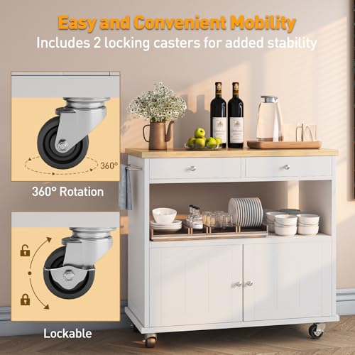 Rolling Kitchen Island with Storage Cabinet, 35.4'' Width Kitchen Cart, 2 Drawers Island Table, Portable Mobile Kitchen Island with Towel Rack