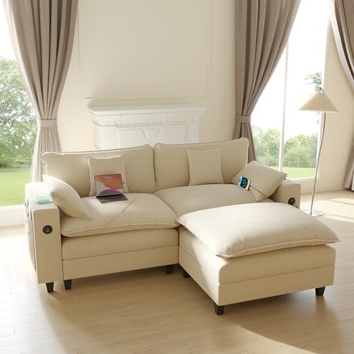 Modular Sectional Sofa, Cloud Couch with Ottoman, Charging Station, Throw Pillows, Cup Holders, Modern Convertible U Shaped Couches for Living Room