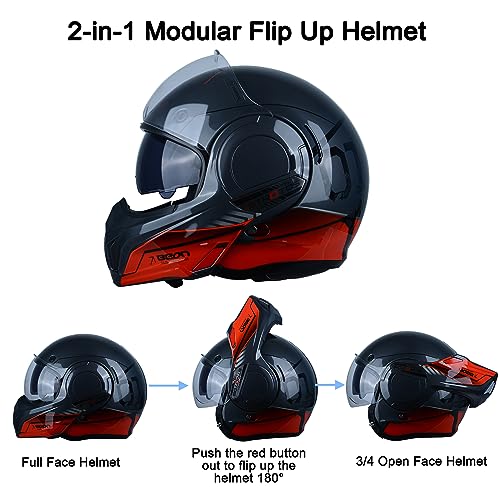 BEON Full Face Motorcycle Helmet DOT Approved, 180° Reversible Chin Guard Modular Pilot Helmet with Anti-Fog Dual Visors for Adult Men Women (S-XXL)