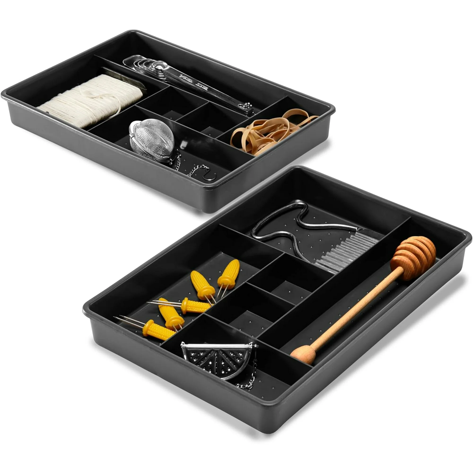 Set of 2 Plastic 6-Compartment Drawer Organizer Trays, Multipurpose Storage Bins for Drawers, Granite , 10.75 x 7.5 x 2.6 inches