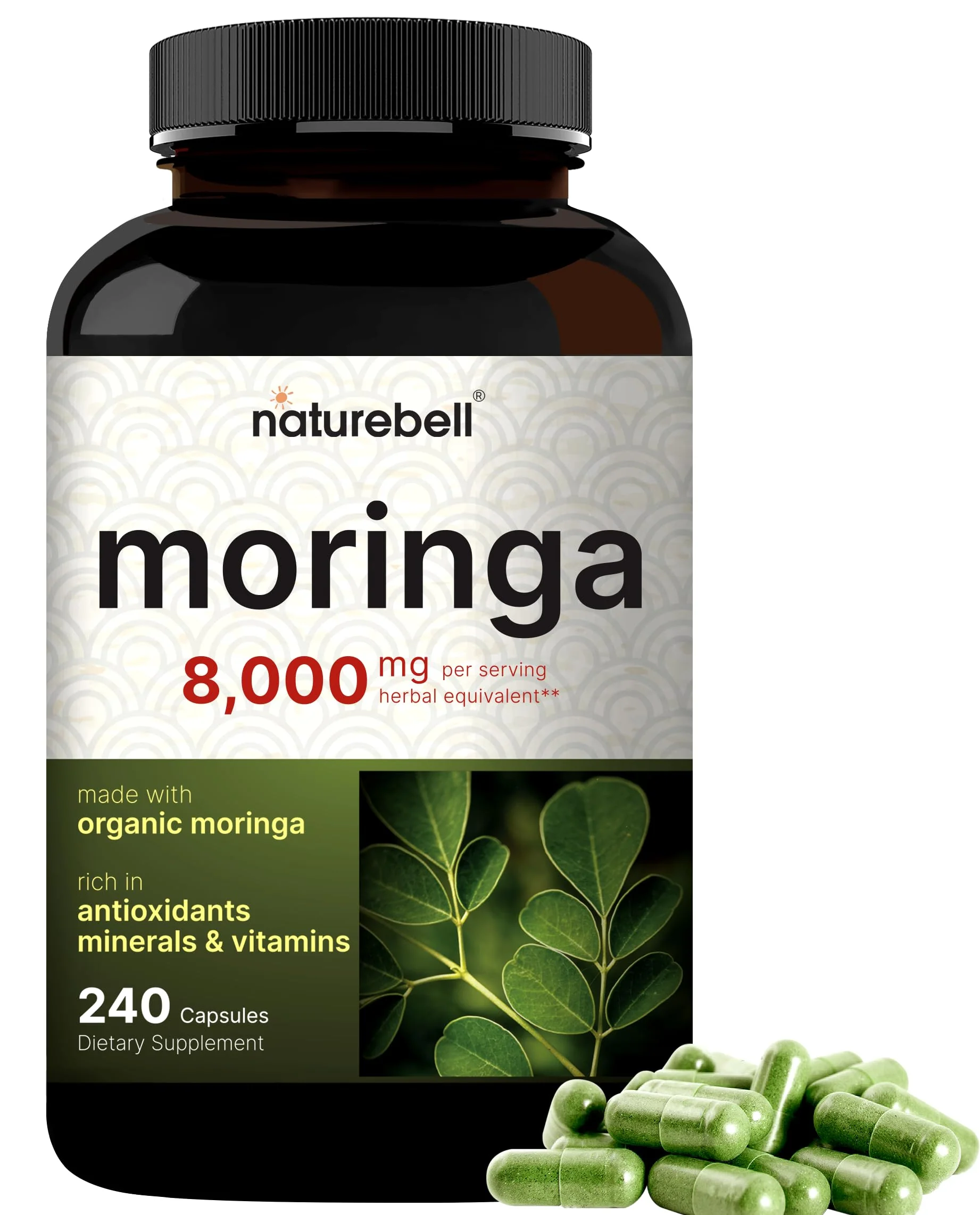 NatureBell Moringa Capsules 8000mg Per Serving, 240 Capsules | 4 Month Supply, Made with Moringa Powder Organic | Green Superfood