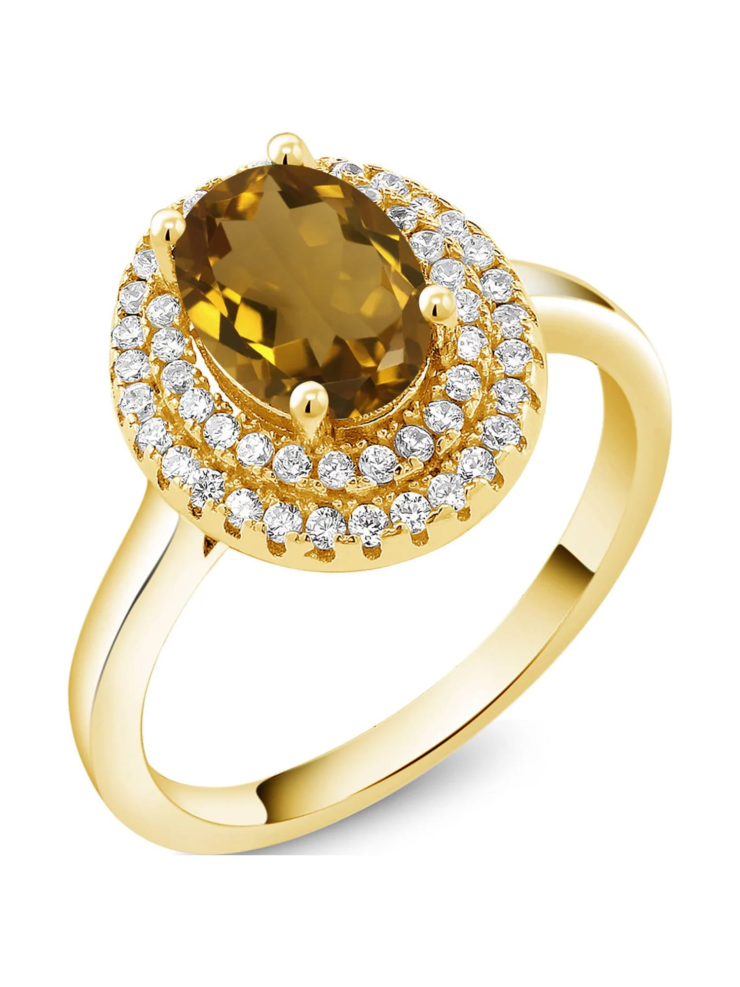 Gem Stone King 18K Yellow Gold Plated Silver Oval Whiskey Quartz Halo Engagement Ring For Women (2.20 Cttw, Gemstone Birthstone, Oval 8X6MM, Size 6)
