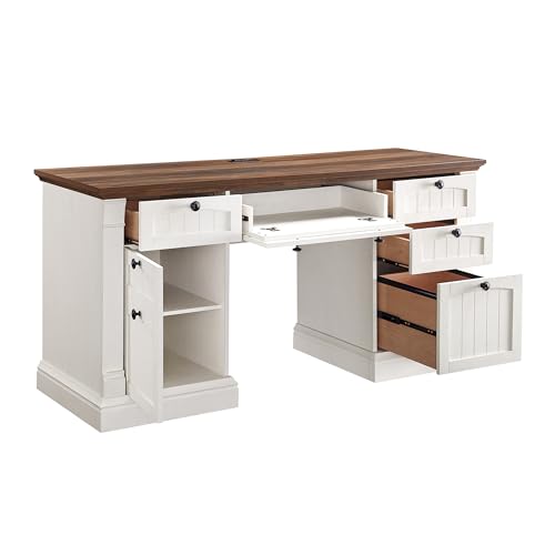 OKD 60" Executive Desk with Drawers, Farmhouse Home Office Desk with Charging Station, Keyboard Tray, File Cabinet Storage