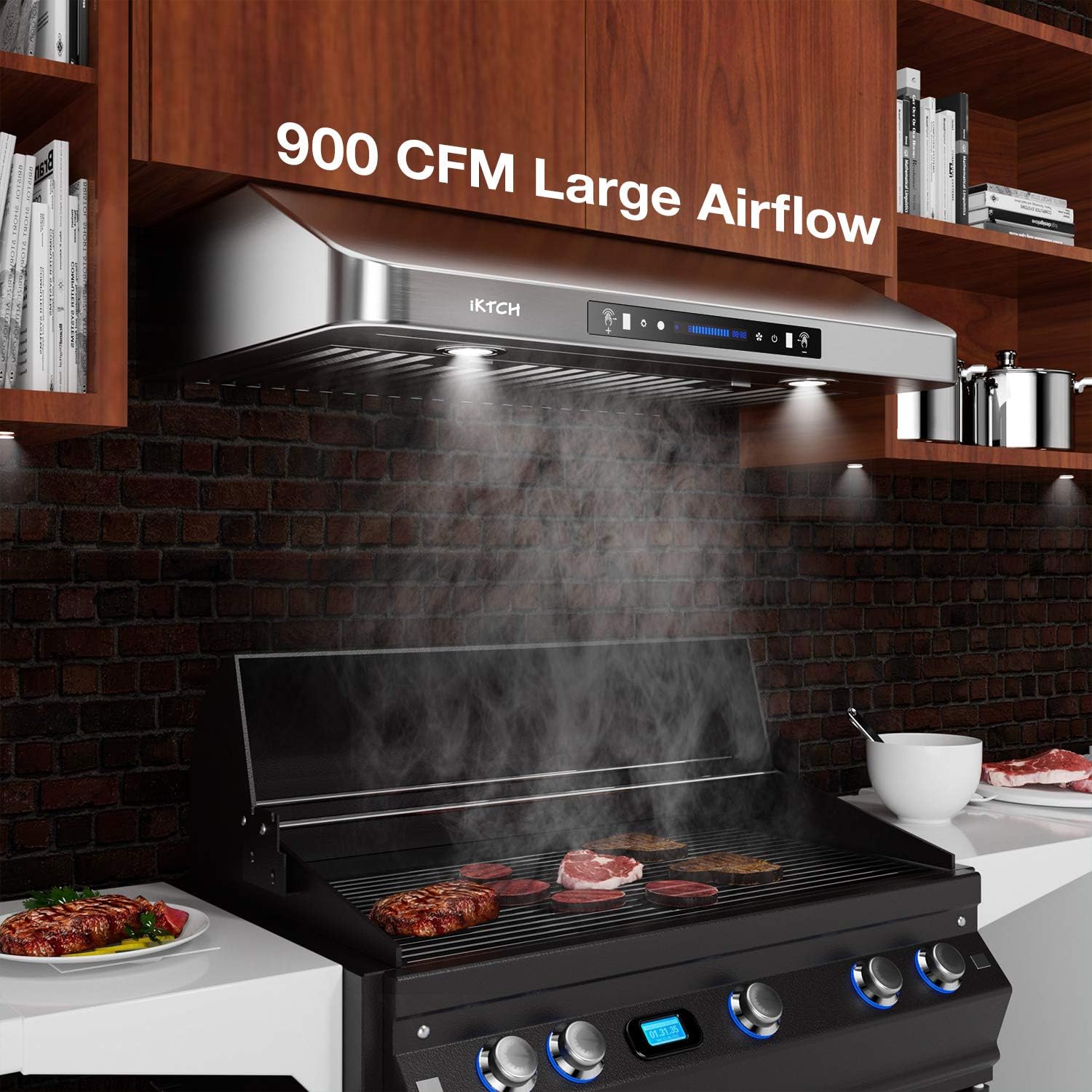 IKTCH 36 Inch Under Cabinet Range Hood with 900-CFM, 4 Speed Gesture Sensing&Touch Control Panel