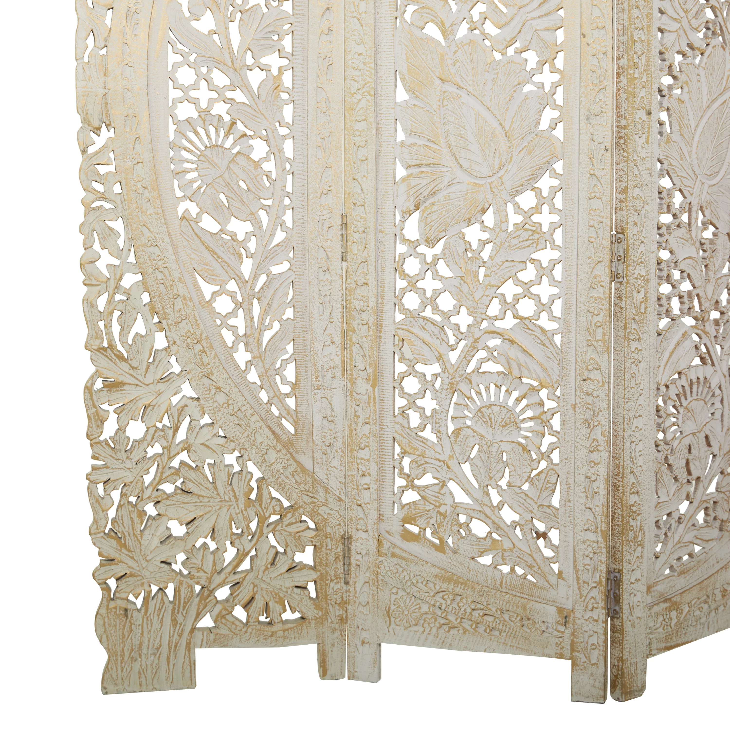 DecMode 60" x 72" White Wood Floral Handmade Foldable Arched Partition 4 Panel Room Divider Screen with Intricately Carved Designs, 1-Piece