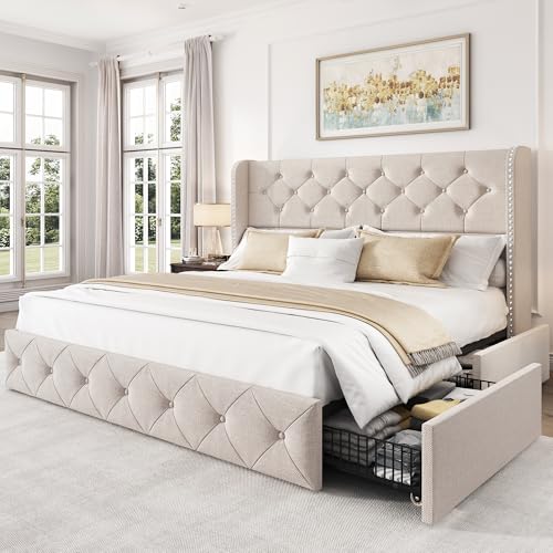 King Size Bed Frame with 4 Storage Drawers and Tufted Headboard Linen Upholstered Platform Bed Frame Wingback Beds with Wooden Slats Support