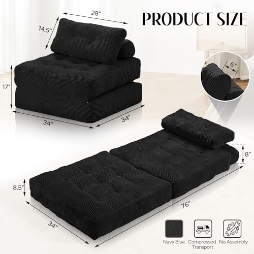 HABUTWAY Folding Sofa Bed, Convertible Sleeper Chair Bed w/Dual-Pillow & Handle, Foldable Floor Sofa Lounge w/Back Support for Living Room, Bedroom
