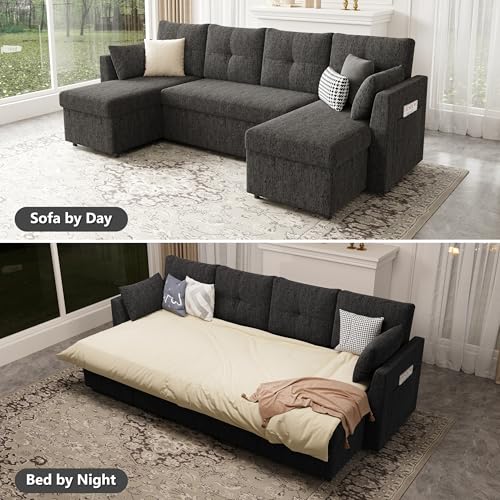 Oversized Sleeper Sofa Couch, 110 inch 2 in 1 Pullout Couch Bed with Double Storage Chaise