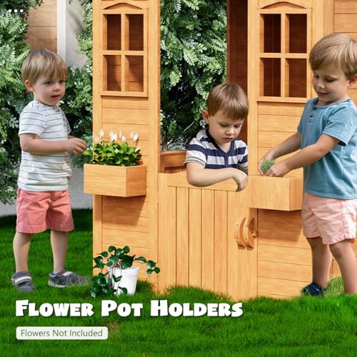 All Spruce Outdoor Kids Playhouse, Toddler Playhouse Wooden Playhouse for Kids Ages 3-10, with Sink, Stove, Flower Pot Holders, Phone