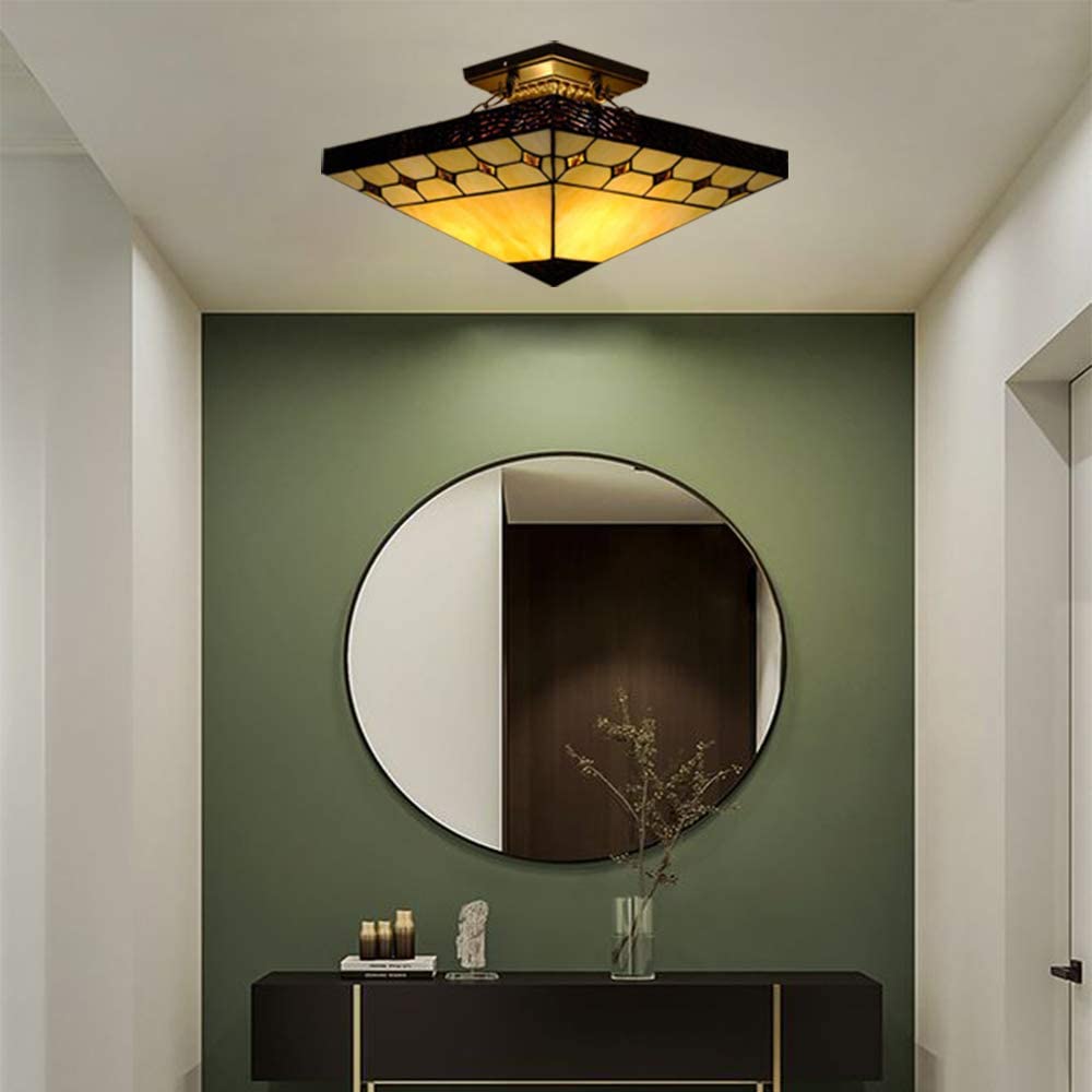 Tiffany Style Flush Mount Ceiling Light Minimalist Green Leaf Decoration Ceiling Light for Living Room,Corridor,Bedroom,Restaurant 15inch