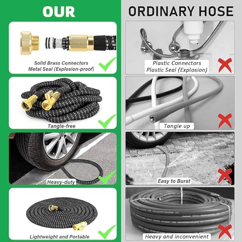 Expandable Garden Hose 100 ft, Upgraded Flexible Water Hose 100ft with 10 Function Spray Nozzle, 3/4" Leakpoof Solid Brass Fittings