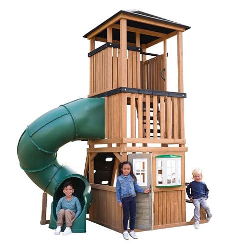 KidKraft Panorama Tower Three-Story Wooden Outdoor Playhouse with Slide