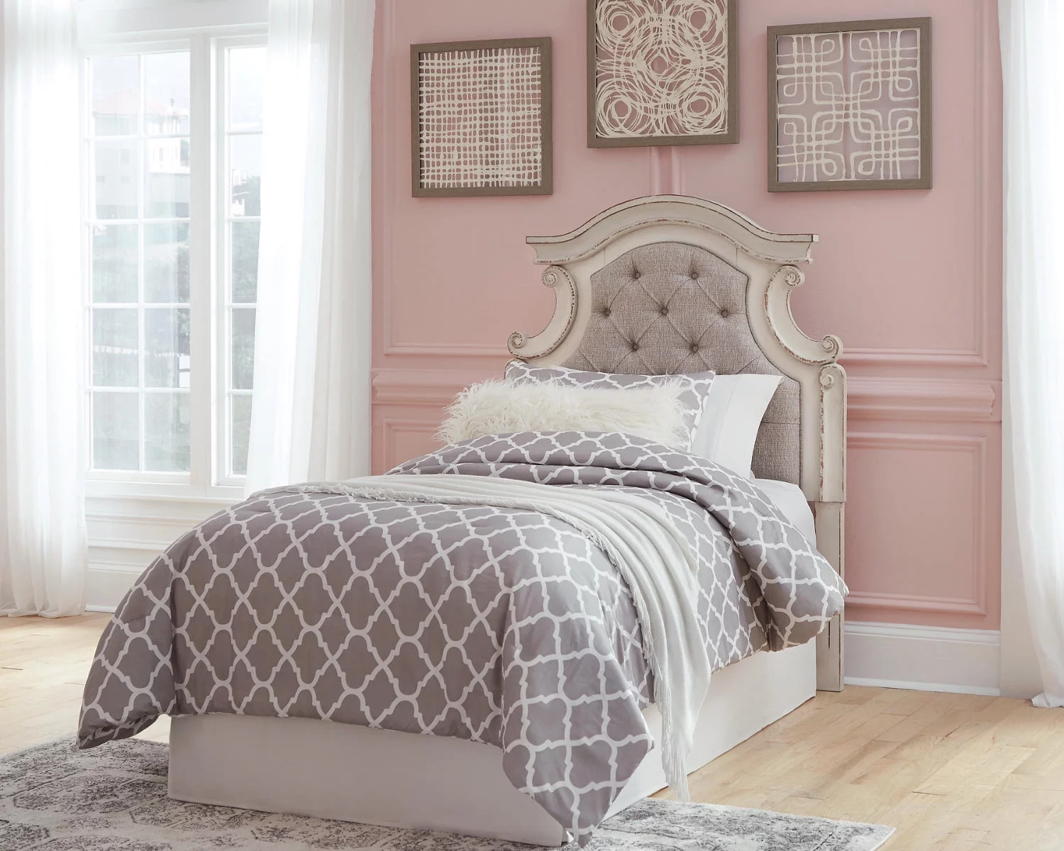 Signature Design by Ashley Casual Realyn Twin Upholstered Panel Headboard  Chipped White