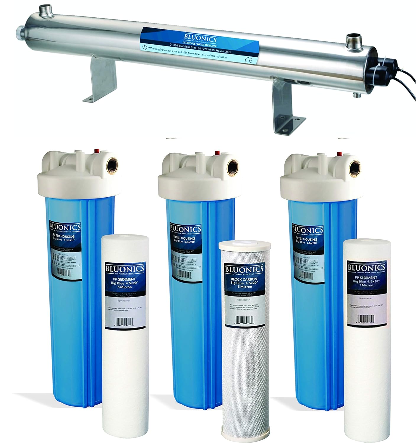 Bluonics Complete Well Water Solution with 110W UV+Sediment & Carbon Well Water Filter Purifier System 24GPM w/Three Housing