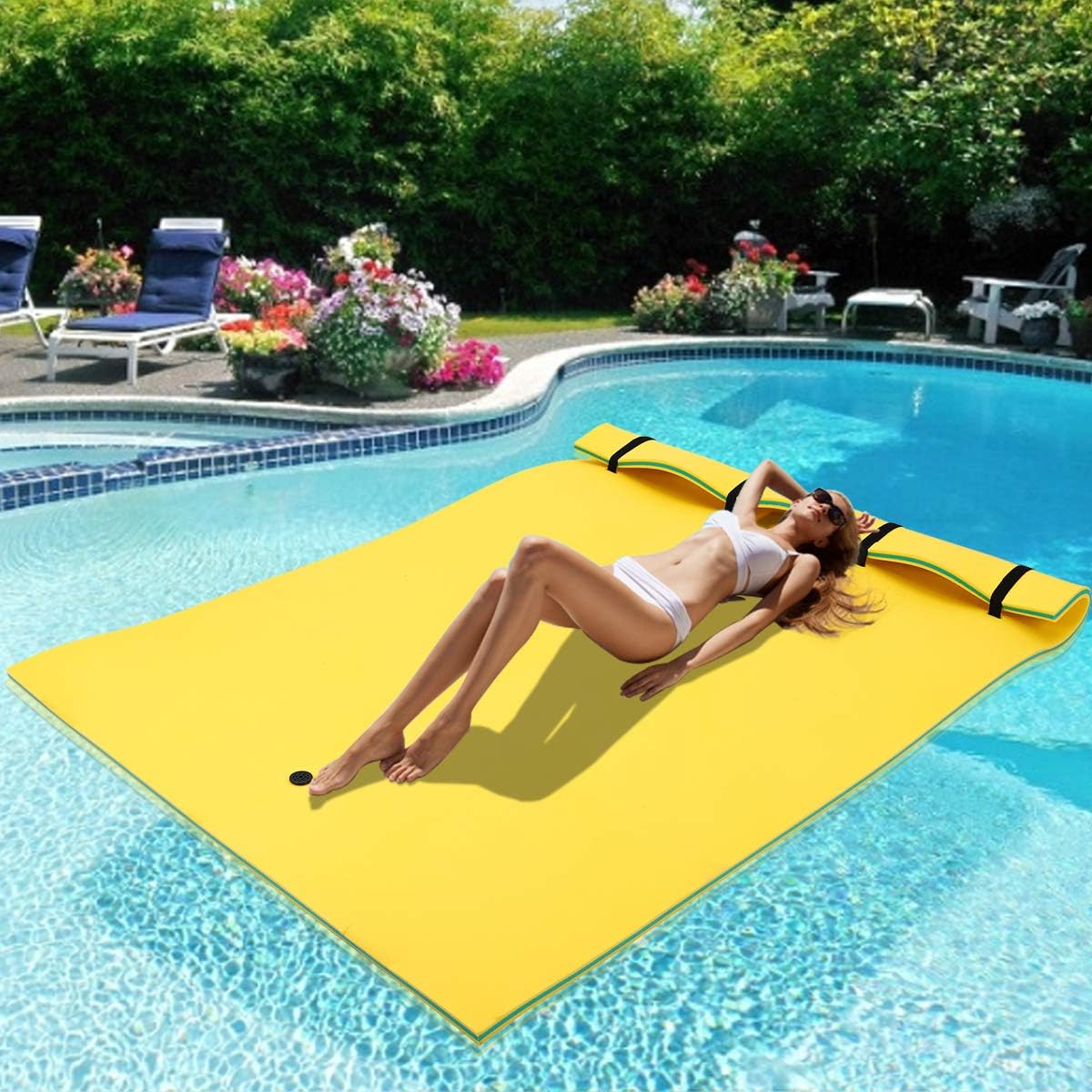 MarKnig Floating Water Mat Lilly Pad Tear-Resistant XPE Foam, Bouncy and Durable Material Water Play Mat for Lakes, Oceans，Beach& Pools, Yellow/Blue