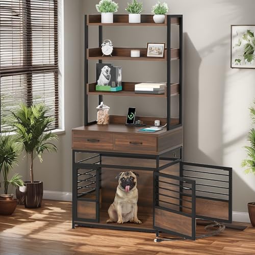 YITAHOME 39 Inch Dog Crate Furniture with Storage Shelves, Wooden Dog Crate for Large Dogs with Power Outlets