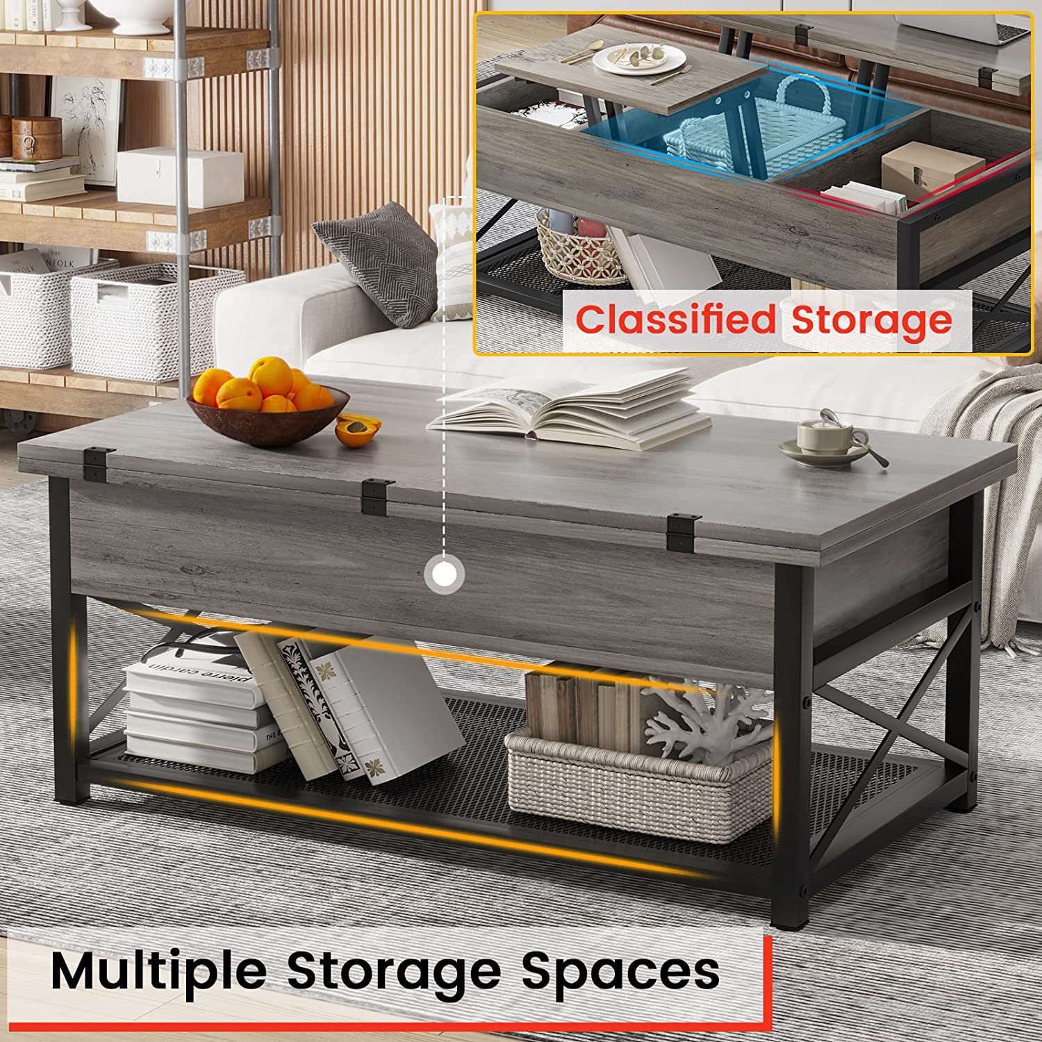 43" Lift Top Coffee Table 3 in 1 Multi-Function Grey Coffee Table with Storage for Living Room Dining Reception Room - Curated Treasures Market