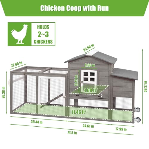 Wooden Chicken Coop Cage Outdoor Indoor Hen House with Nesting Box, Waterproof Roof, Removable Tray for Poultry Pets Enclosure Garden Backyard (GREY)