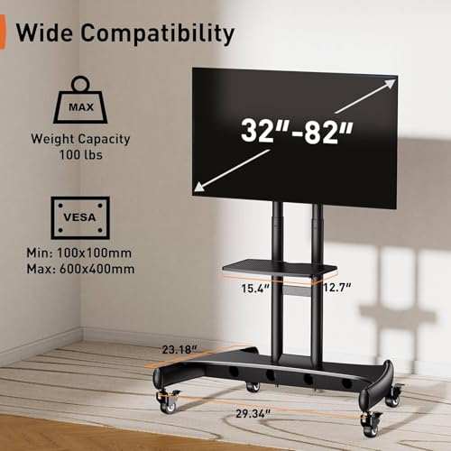 Perlegear Mobile TV Cart for 32-82 Inch Flat/Curved LED/LCD/OLED TVs Rolling TV Stand with Height Adjustable Shelf Max VESA 600x400mm up to 100lbs