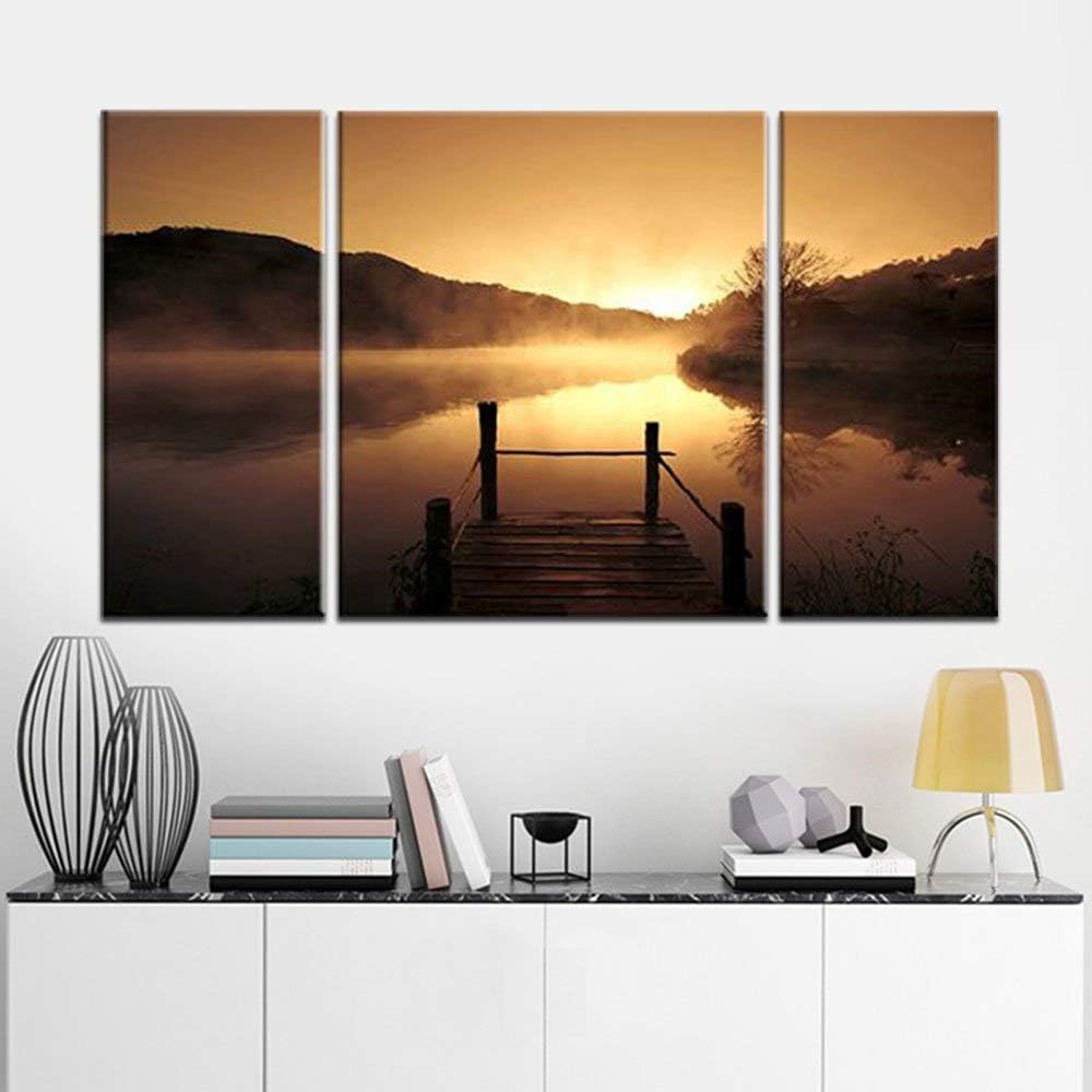 Wieco Art Canvas Prints Wall Art Sunset Beach Picture Paintings for Living Room Bedroom Decor Home Decorations Misty Lake 3 Piece Modern Stretched