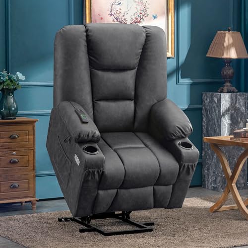 MCombo Small Power Lift Recliner Chair with Massage and Heat for Petite People, Cup Holders, USB Ports, Side Pockets, Faux Leather 7569 (Small