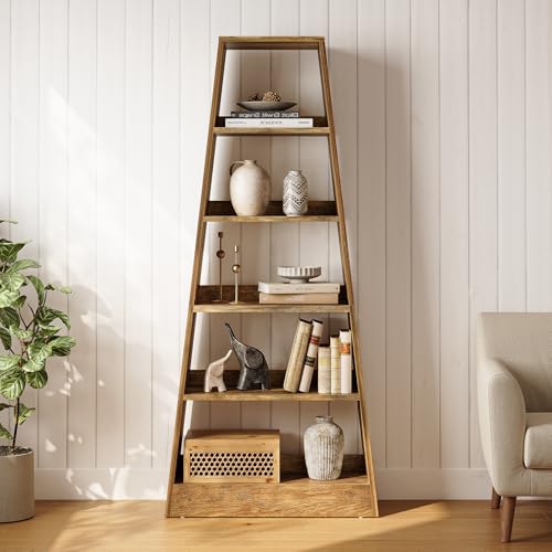 LITTLE TREE 6-Tier Bookshelf, 70.87-Inch Ladder Bookcase, Tall Standing Wooden Bookcase Display Shelf in Warm Umber Wood Finish