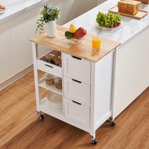 VEVOR Kitchen Island Cart, 26 inch Wood Top Mobile Breakfast Bar, Rolling Kitchen Table with 3 Drawers and Shelves, Portable Islands on Wheels