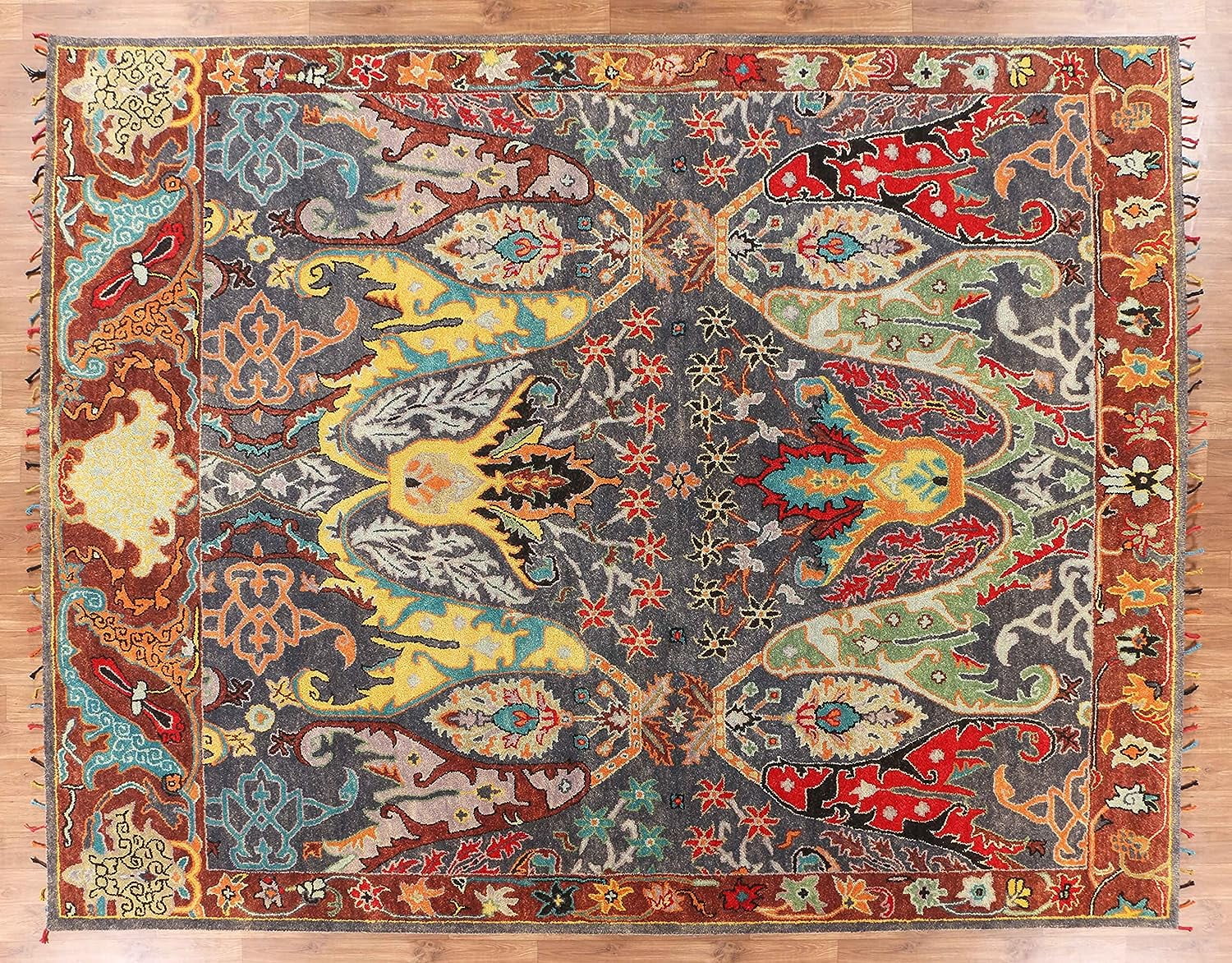 New Morris Ikat Multi Grey Handmade Tufted Parsian Style 100% Woolen Rugs & Carpet