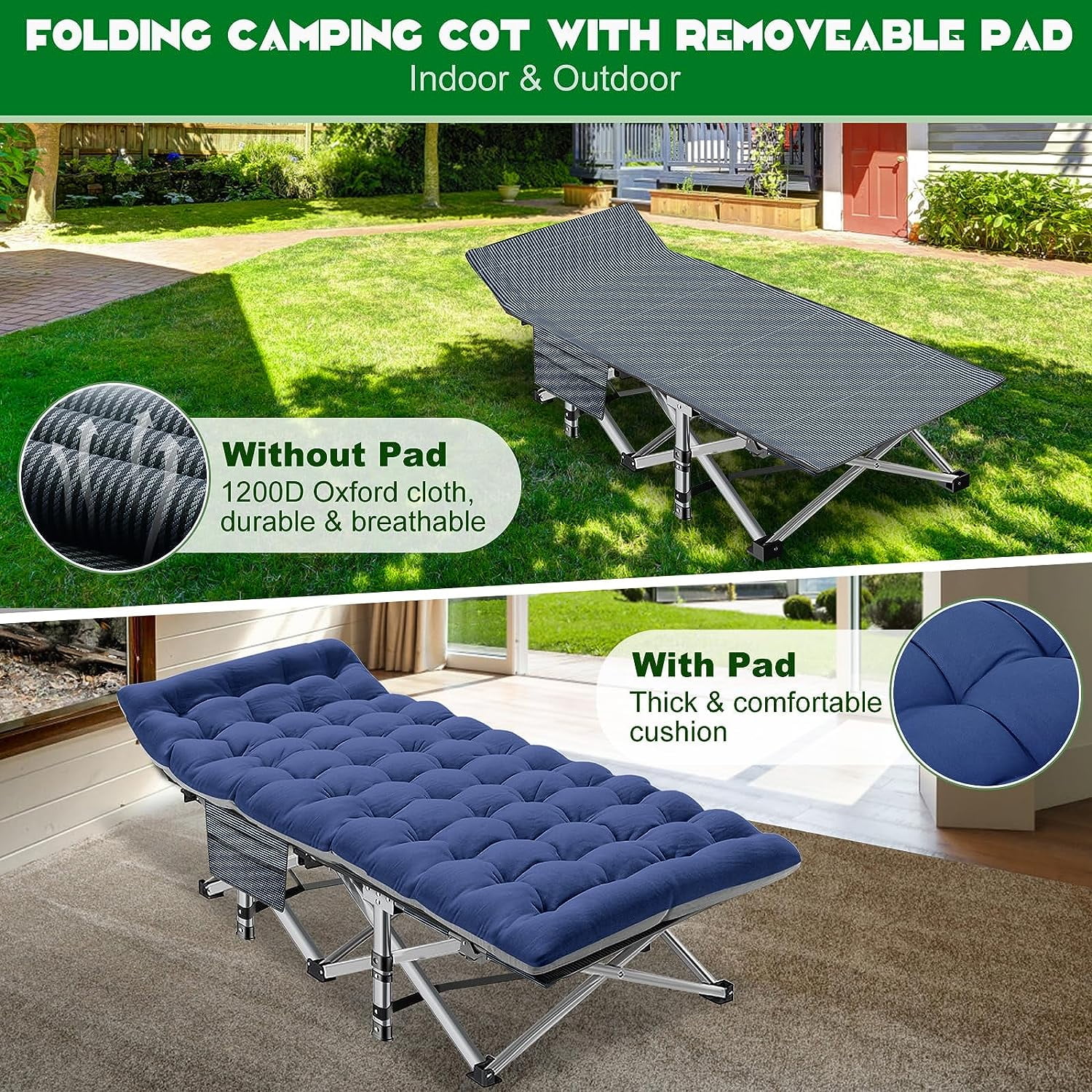 ABORON Oversized XL Folding Sleeping Cots for Adults, 900lb Loading Double-Layer 1200D, Heavy Duty Guest Bed W/Mattress & Carrying Bag